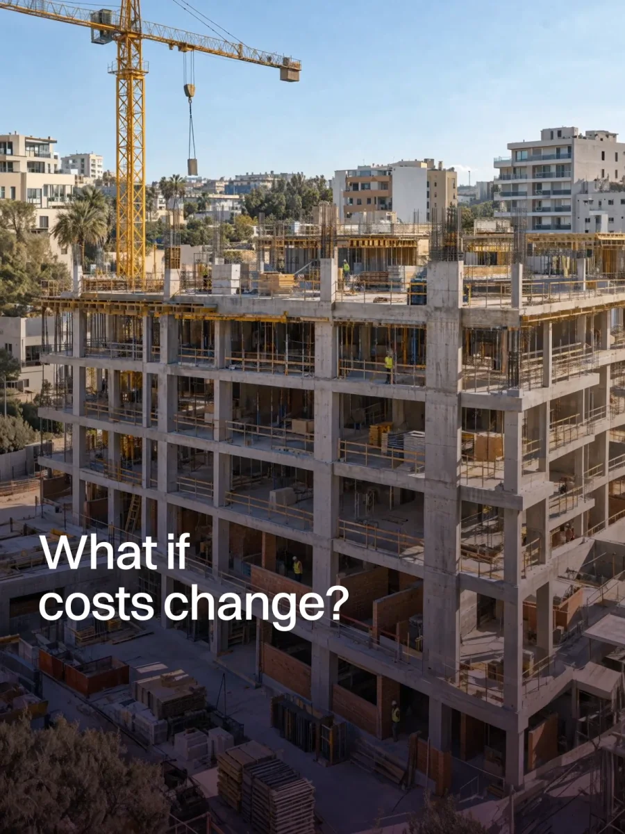 A development decision in Feasly: ask the Analyst, review a proposed cost change and compare the result with Base.